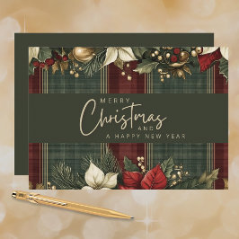 Elegante Tartan Plaid Poinsettias Feliz Navidad