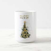 Elegante taza de café con árbol de Navidad de oro