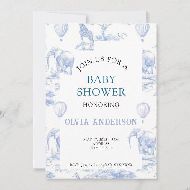 Elegante tela de Jouy Blue Baby Shower Invitación (Anverso)
