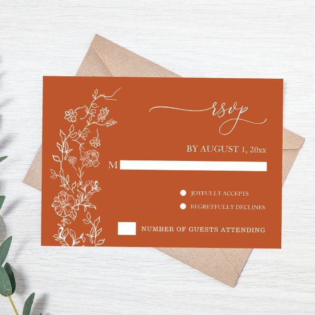 Elegante Terracota Floral Vintage Boda RSVP (Terracotta Wedding RSVP card with white florals)