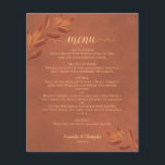 Elegante Terracota Sale Menú Boda Presupuestario<br><div class="desc">Estos bonitos menús bodas son sencillos,  elegantes y elegantes,  a la vez que asequibles y asequibles. Presentan un diseño rústico con hojas de acuarela naranja de óxido pintadas a mano y caligrafía de escritura sobre un fondo de terracota de mármol. Perfecto para una recepción otoño o otoño.</div>