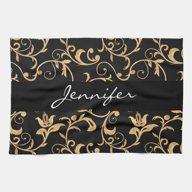 Elegante toalla de cocina Royal Black and Gold Dam (Horizontal)