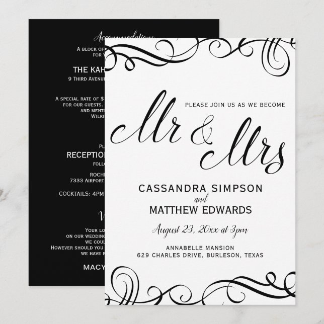 Elegante todo en una boda invitaciones | Negro (Anverso / Reverso)