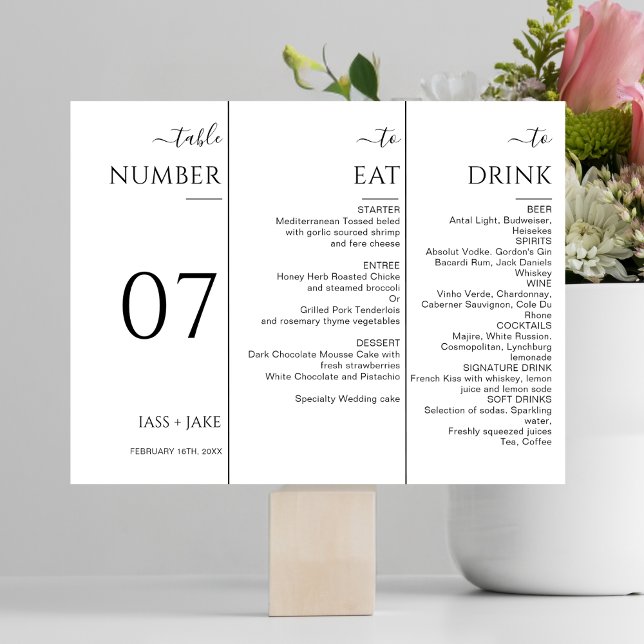 Elegante Triple Mesa Número Menú Boda moderno (Subido por el creador)