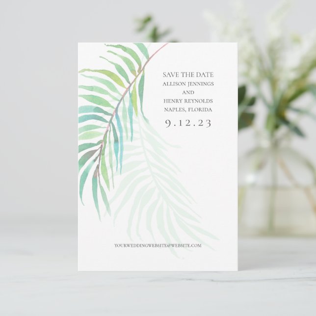 Elegante Tropical Save the Date Boda Photo Card (Anverso de pie)