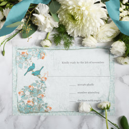 Elegante Turquesa Aves de Coral Damasco Boda RSVP