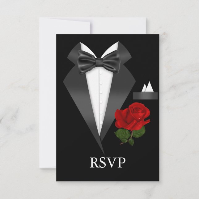 Elegante Tux & Rosa Fiesta de Corbata Negra RSVP (Anverso)