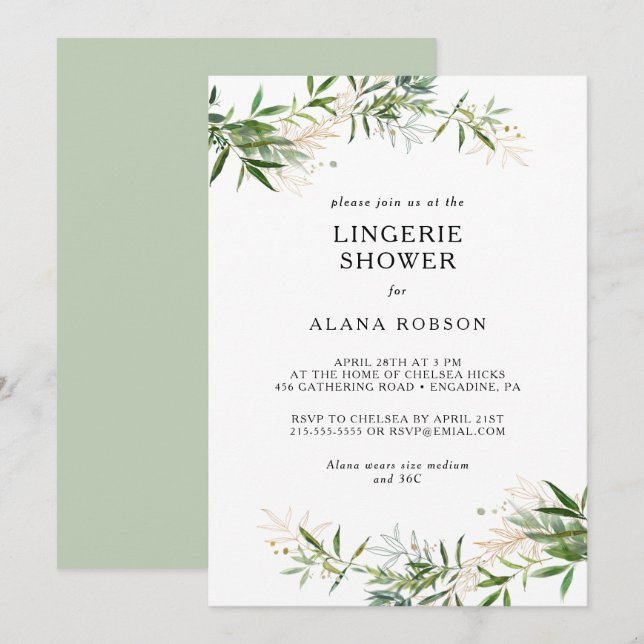 Elegante vegetación de oliva Lingerie Invitación a (Anverso / Reverso)