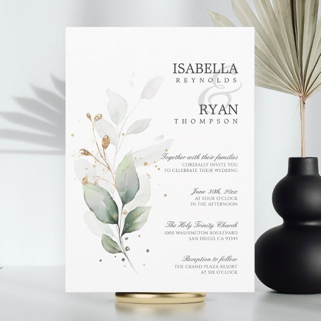 ELEGANTE vegetación deja invitación a la Boda de O (ELEGANT Greenery Leaves Gold Wedding Invitation | Budget Digital)