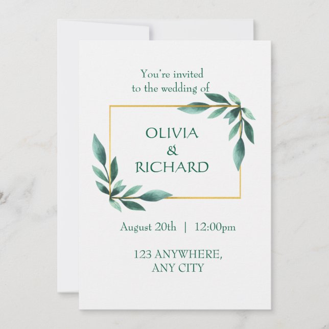 Elegante vegetación Marco dorado Invitación Minima (Anverso)