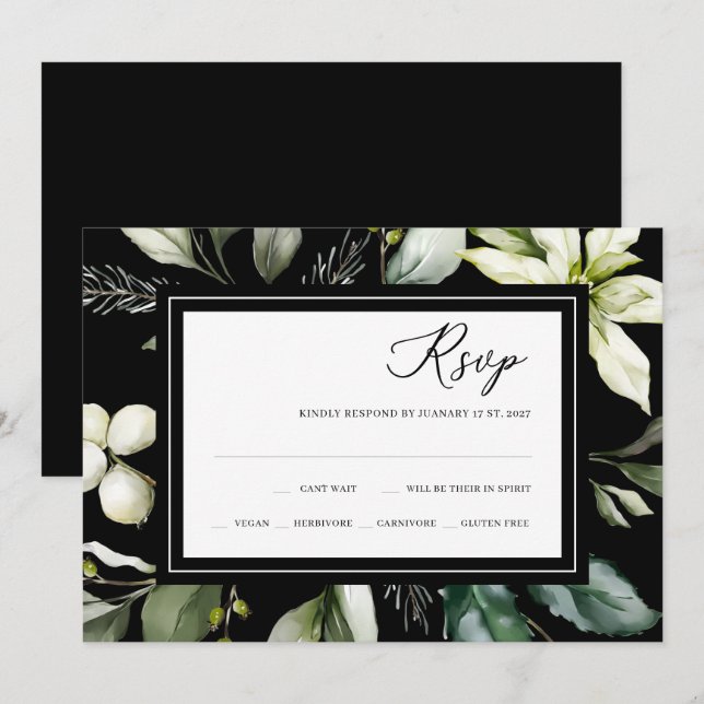 Elegante vegetación | Tarjeta RSVP de color negro  (Anverso / Reverso)