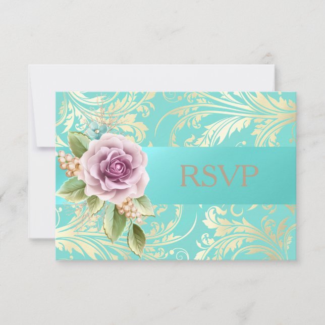 Elegante Verde azulado y dorado Lavanda RSVP Flora (Anverso)