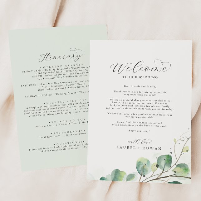 Elegante verde Boda Carta de bienvenida Itinerario (Subido por el creador)