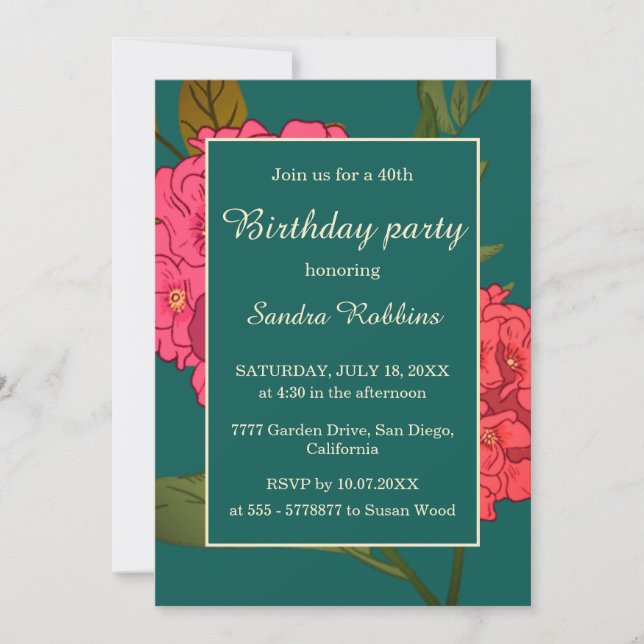 Elegante verde con invitación de cumpleaños de flo (Anverso)