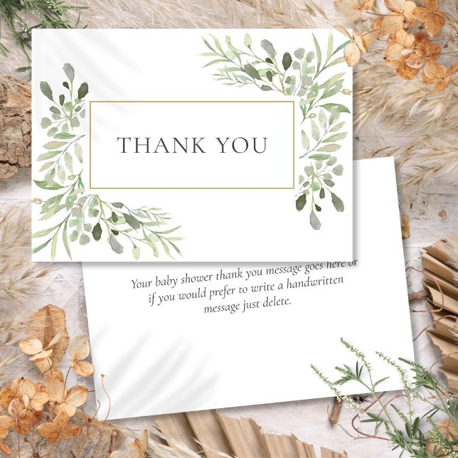 Elegante verde deja tarjeta de agradecimiento de B (Elegant Greenery Leaves Baby Shower Thank You Card)
