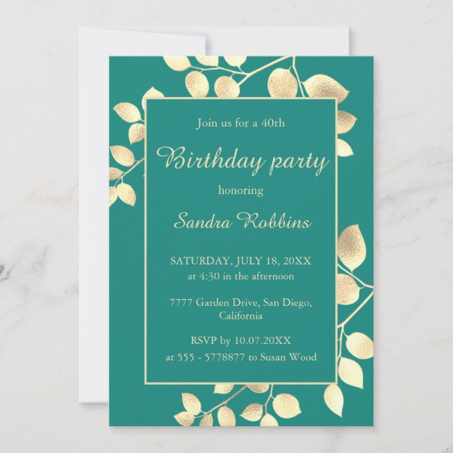 Elegante verde dorado deja la invitación de cumple (Anverso)