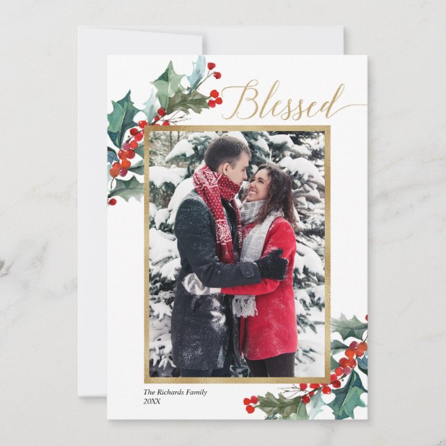 Elegante verde dorado rojo Blessed Navidades card (Anverso)
