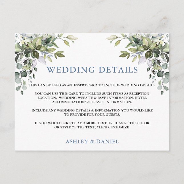 Elegante verde Dusty Blue Boda Tarjeta de detalles (Anverso)