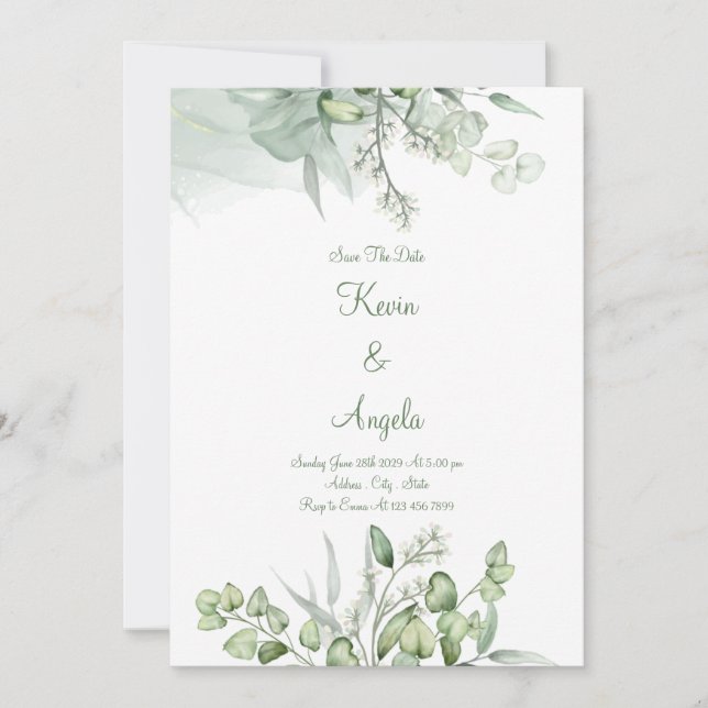 Elegante verde Floral Guardar fecha Invitación de  (Anverso)