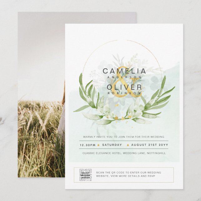 Elegante verde FOTO Boda Invitación QR CÓDIGO (Anverso / Reverso)