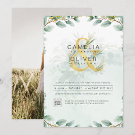 Elegante verde FOTO Boda Invitación QR CÓDIGO