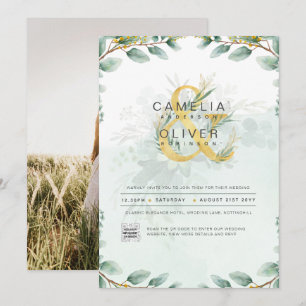 Elegante verde FOTO Boda Invitación QR CÓDIGO