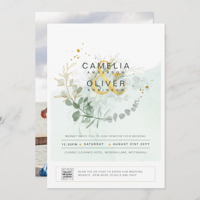 Elegante verde FOTO Boda Invitación QR CÓDIGO (Anverso / Reverso)