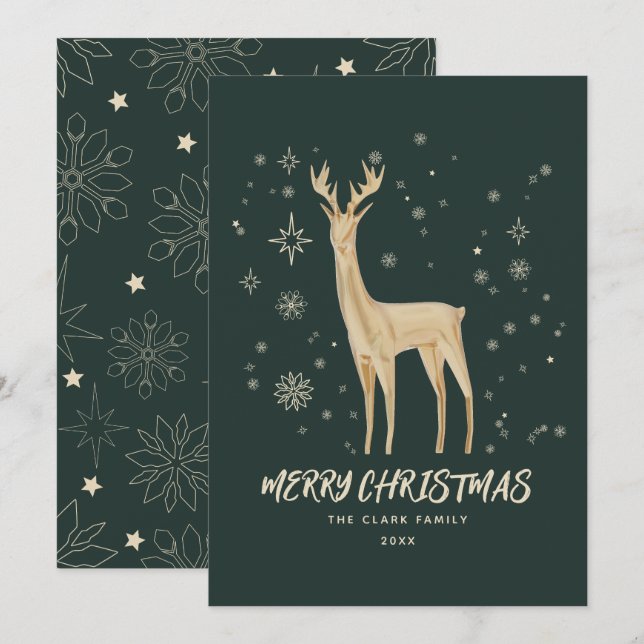Elegante Verde y Dorado Renos Feliz Navidad (Anverso / Reverso)