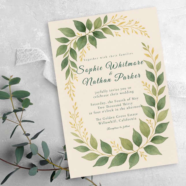 Elegante Verdor Acentos de Oro Invitación de Boda (Subido por el creador)