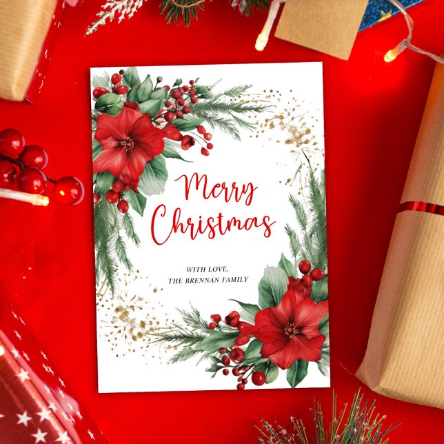 Elegante Verdor Botánico Feliz Navidad (Red Botanical Merry Christmas Holiday Card)
