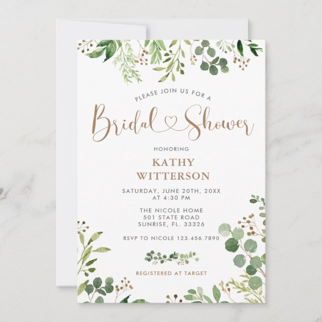 Elegante Verdor Bridal Shower Invitación (Anverso)