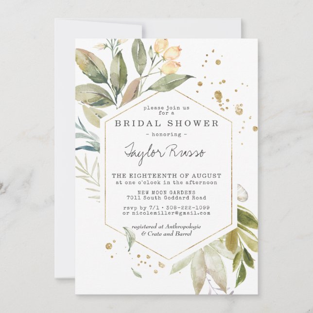Elegante Verdor Dorado Bridal Ducha Invitación (Anverso)