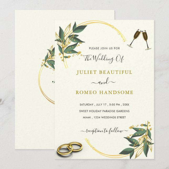 Elegante Verdor Dorado Invitación de Boda de Lujo (Anverso / Reverso)