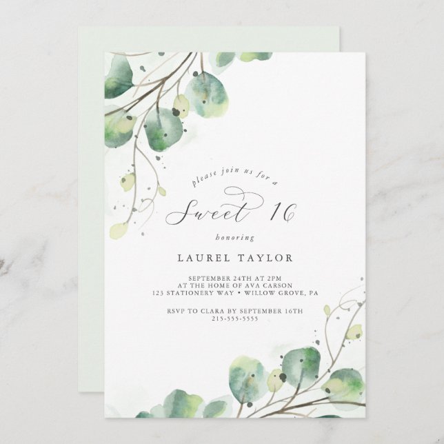 Elegante Verdor Dulce Invitación de Cumpleaños (Anverso / Reverso)