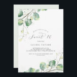 Elegante Verdor Dulce Invitación de Cumpleaños<br><div class="desc">Esta elegante y dulce invitación a los dieciséis años es perfecta para una simple fiesta de 16 años. El moderno y elegante diseño presenta un diseño botánico natural de eucaliptos,  hojas y plantas con un sutil acento acuático verde de menta.</div>