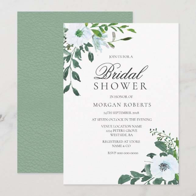 Elegante Verdor Floral blanca Invitación a la duch (Anverso / Reverso)