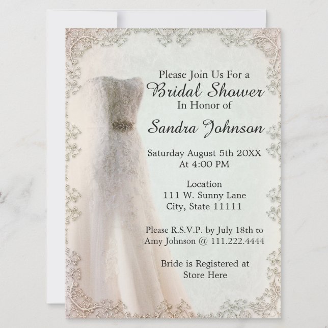Elegante vestido de novia Invitación a la ducha de (Anverso)