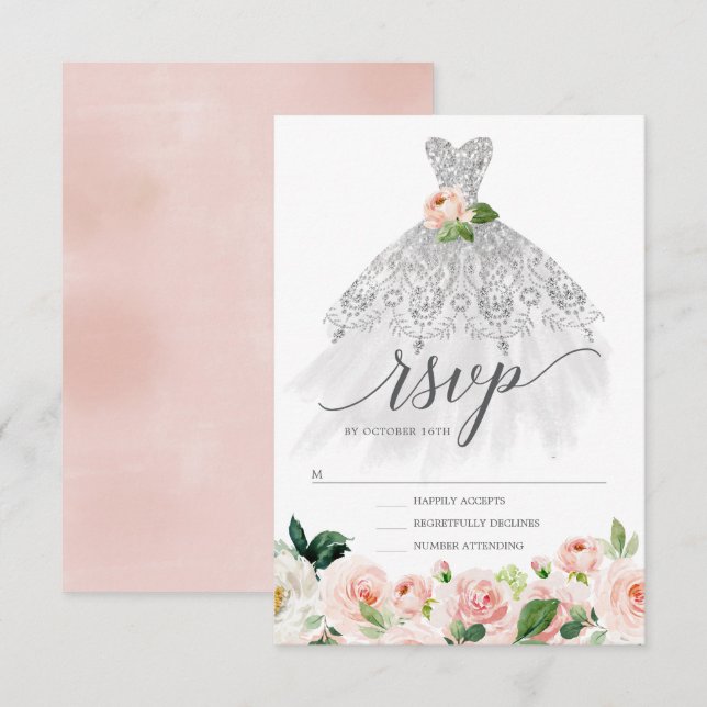 Elegante Vestido Floral Quinceanera Invitación RSV (Anverso / Reverso)