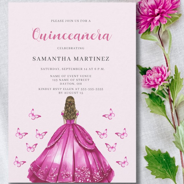 Elegante vestido rosa Quinceañera Invitación (Subido por el creador)