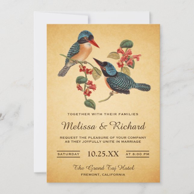 Elegante Viejo Romántico Aves Invitación a la Boda (Anverso)