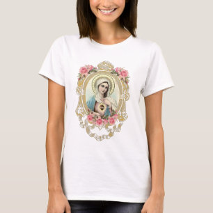 Elegante Virgen María Rosas Florales Camiseta Cató