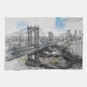 Elegante Watercolor Brooklyn Bridge Kitchen Toalla