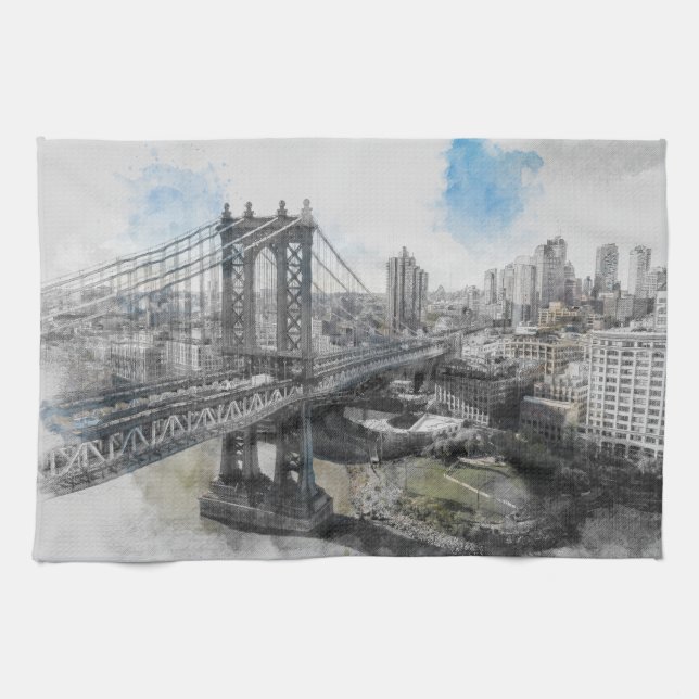 Elegante Watercolor Brooklyn Bridge Kitchen Toalla (Horizontal)