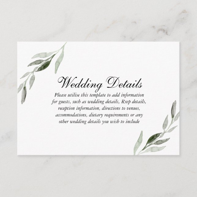 Elegante Watercolor Green Leaf Wedding Recepción (Anverso)