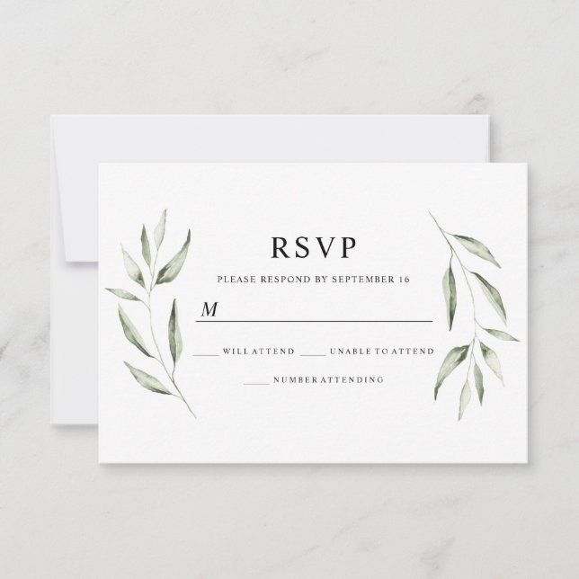 Elegante Watercolor Green Leaf Wedding RSVP (Anverso)