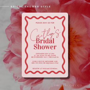 Elegante Wavy Red Border Bridal Shower Invitación