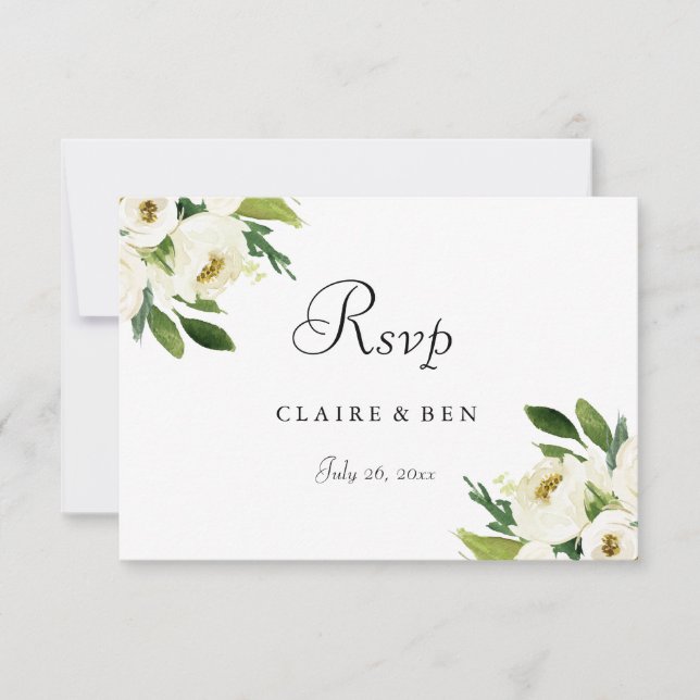 Elegante White Floral Green Leaf Wedding RSVP (Anverso)
