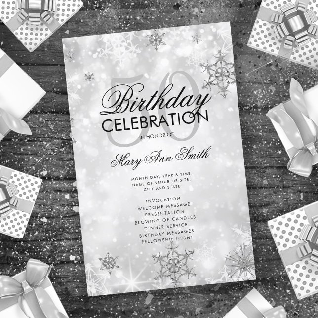 Elegante Winter 50th Birthday Program Silver Menu (Subido por el creador)