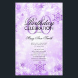Elegante Winter 60th Birthday Program Menú Púrpura<br><div class="desc">Elegante diseño de "Programa de fiesta de cumpleaños" con copos de nieve Purpurina de invierno y luces en texto morado con personalizado.</div>