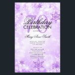 Elegante Winter 70th Birthday Program Menú Púrpura<br><div class="desc">Elegante diseño de "Programa de fiesta de cumpleaños" con copos de nieve Purpurina de invierno y luces en texto morado con personalizado.</div>